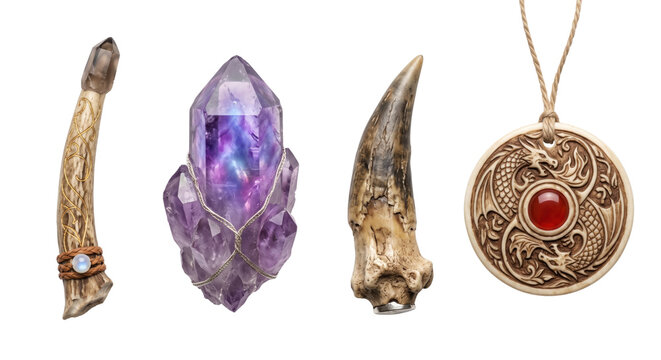 Fantasy magical amulet crystal and bone artifacts set