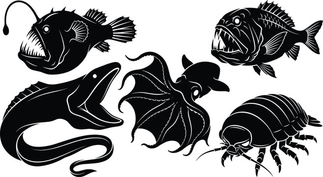 Deep Sea Creatures Vector Silhouette Set Featuring Anglerfish Moray Eel Vampire Squid Isopod and Monster Fish