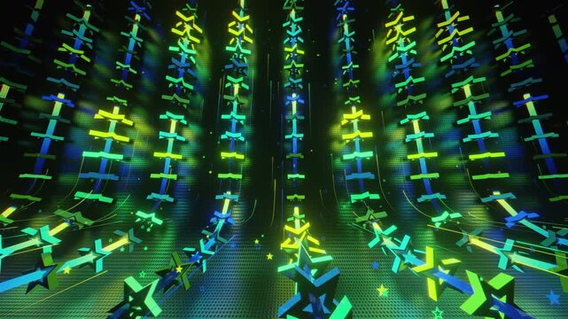 Seamless VJ loop with glowing neon stars abstract structure and psychedelic motion for high-tech club visuals, electronic music festivals, stage screens and for LED video walls