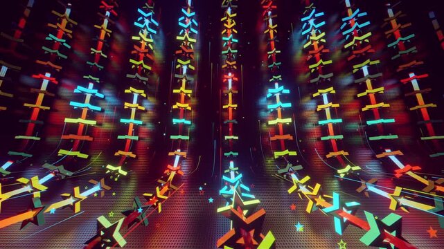 Seamless VJ loop with glowing neon stars abstract structure and psychedelic motion for high-tech club visuals, electronic music festivals, stage screens and for LED video walls