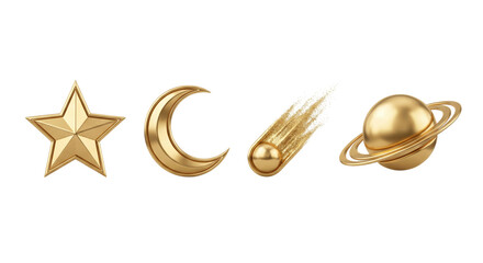 Golden celestial icons set with star moon shooting star Saturn © PNG Lab