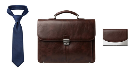 Naklejka premium Mens business accessories set with tie leather briefcase and wallet