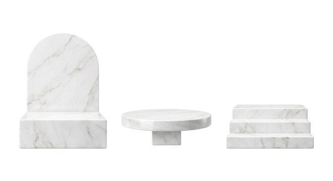 White marble display pedestals and round podium set