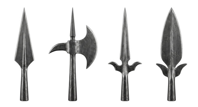 Ancient medieval fantasy weapons set with spears and battle axe