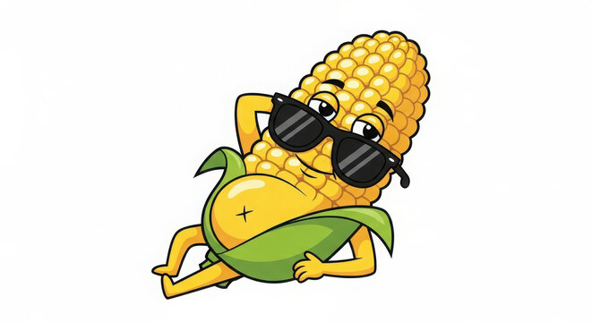 Cute cartoon corn character wearing sunglasses and flexing. Playful summer mascot illustration for food branding and fun designs.