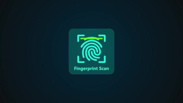 Animation of Futuristic fingerprint identity scanner icon on dark background. 4k resolution.