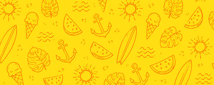 Summer vacation doodle pattern on yellow background, hand drawn beach icons with surfboard and sun, tropical holiday seamless texture for seasonal design isolated on White Background ai