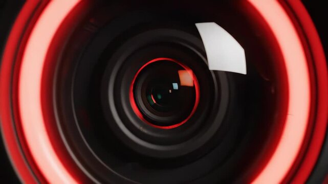 Close-up of a futuristic security camera with red glowing lights.