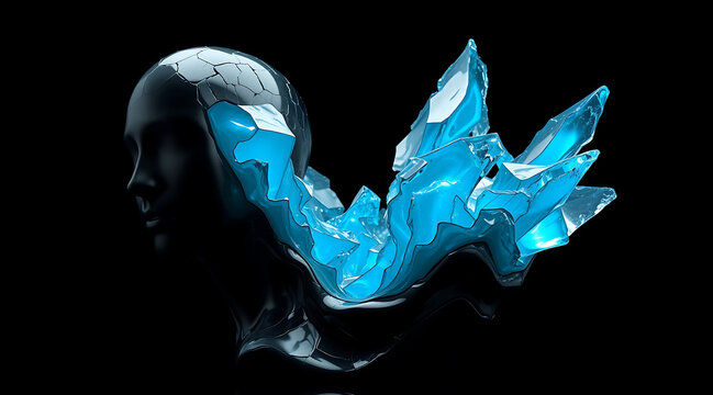 Futuristic abstract black head with blue crystal shard on dark background