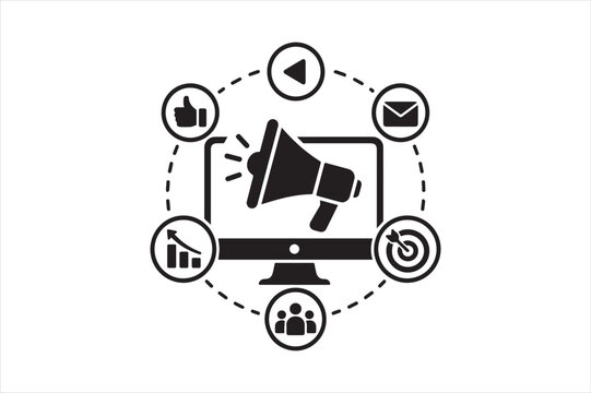 Digital marketing and advertising strategy icon set on computer screen