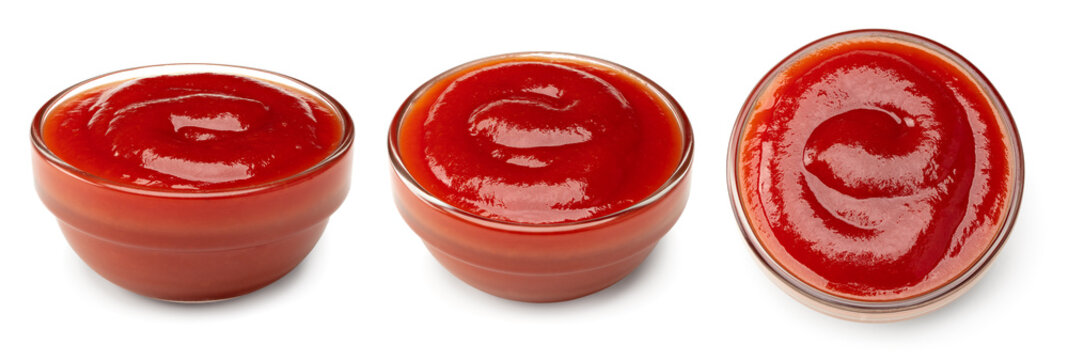 glass bowl of red ketchup isolated on white background. clipping path