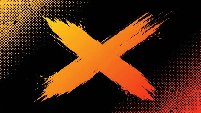 Large orange and yellow cross shape made of textured brush strokes on a dark halftone background