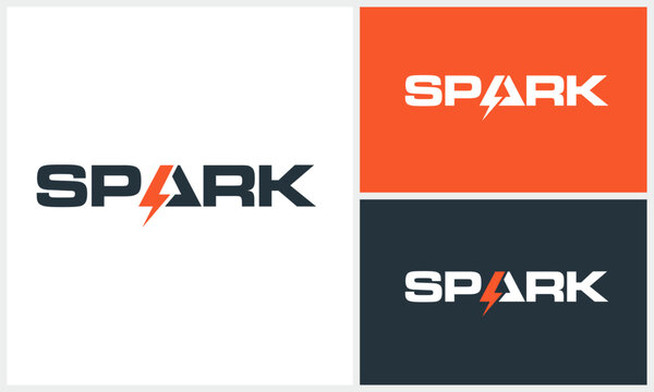 Spark typography word mark logo design with flash thunder bolt storm