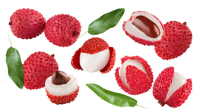 two fresh lychee isolated on white background. macro. clipping path