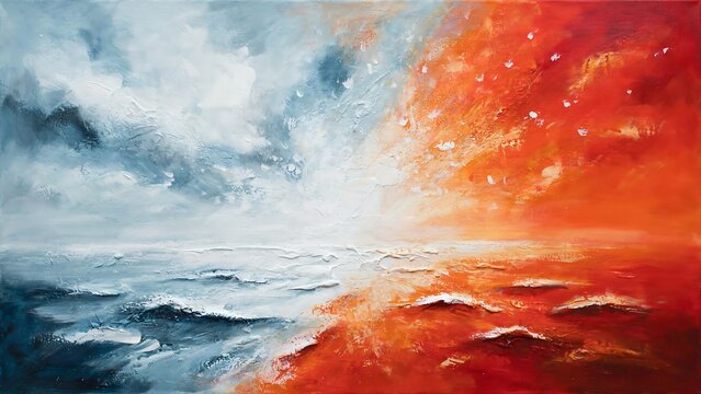 Oil painting of a stormy ocean landscape with a split color palette of blue and fiery orange