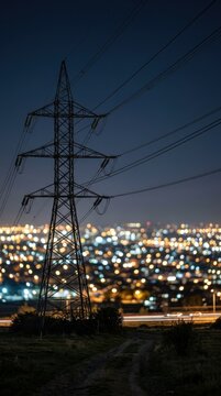 High voltage electricity pylon overlooking a city at night