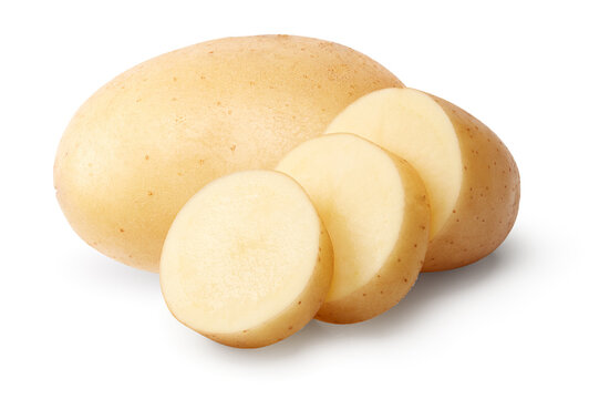 sliced raw potato isolated on white background. clipping path