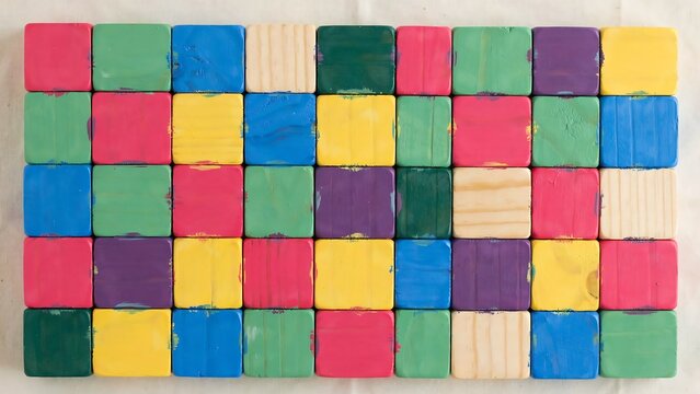 Rectangular arrangement of multicolored wooden cubes on a light textured fabric background
