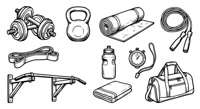 Hand drawn fitness gear vector elements pack with dumbbells kettlebell yoga mat and gym bag
