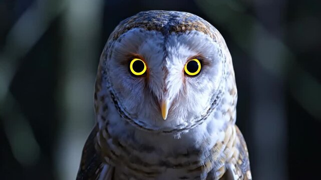 Barn owl with glowing orange eyes perched on a mossy tree branch in a dark night forest with blue moonlight, bokeh background, and sharp talons visible on wood.