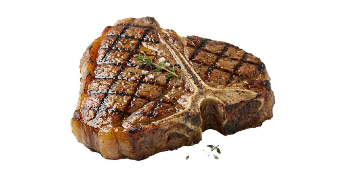 Grilled t-bone steak with char marks and herb garnish high quality 4K PNG image in white high quality 4K PNG image in white background