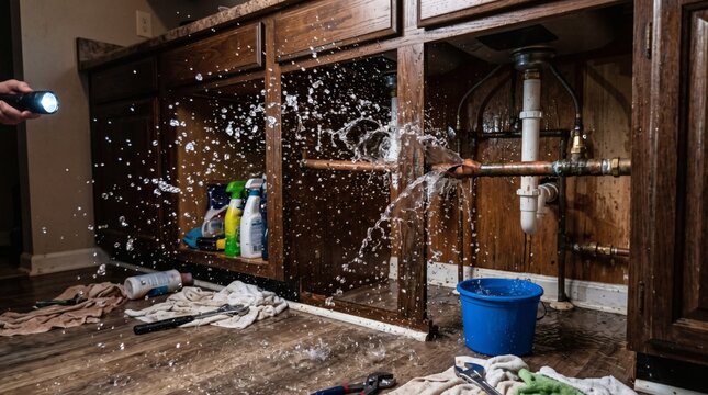 A burst pipe under a kitchen sink causes water to spray everywhere, highlighting a plumbing emergency with tools and a bucket on the wet floor.
