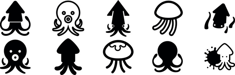 Octopus Squid Jellyfish Icons Sea Marine Collection © Azmir Art