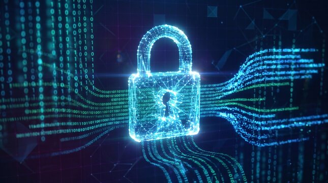 A digital padlock composed of glowing lines and dots is surrounded by streams of binary code and abstract data, representing cybersecurity and data protection in a technological context.
