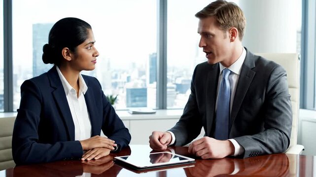 Business professionals collaborating on a tablet in a modern office.
