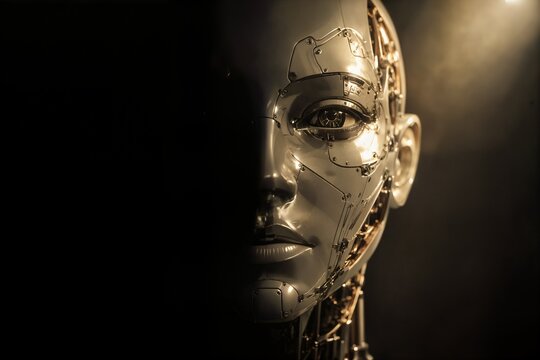 A pristine metallic cyborg face partially emerging from shadows, illuminated by a single warm spotlight, sophisticated artificial intelligence concept, photorealistic.