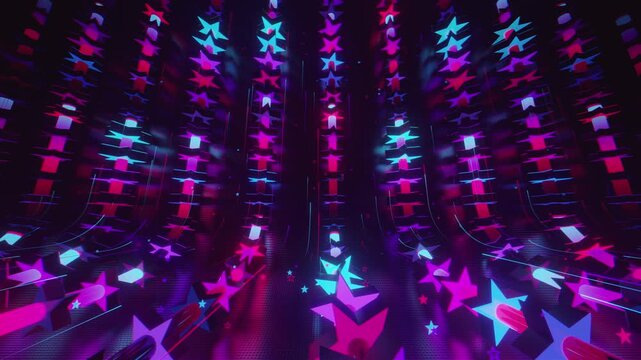 Seamless VJ loop with glowing neon stars abstract structure and psychedelic motion for high-tech club visuals, electronic music festivals, stage screens and for LED video walls