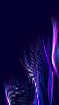 Futuristic particle wave with shallow depth of field, cyberspace and streaming big data flow animation. Vertical video.