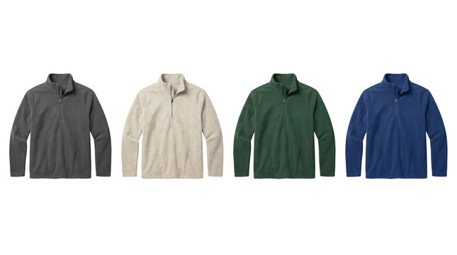 Set of four warm fleece jackets in various colors, high quality 4K PNG image in white background