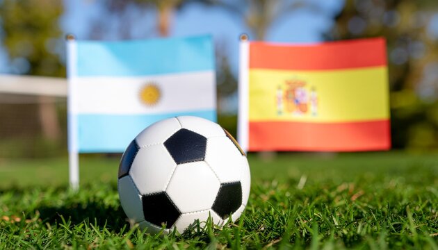 Soccer ball on green grass with argentina and spain flags