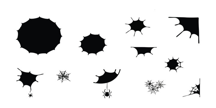 Set of black spider webs and spiders for halloween decorations and spooky party design elements