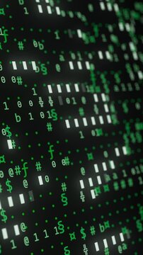 Abstract green binary symbols flowing as computer code, blockchain database and big data matrix seamless loop. Vertical video.