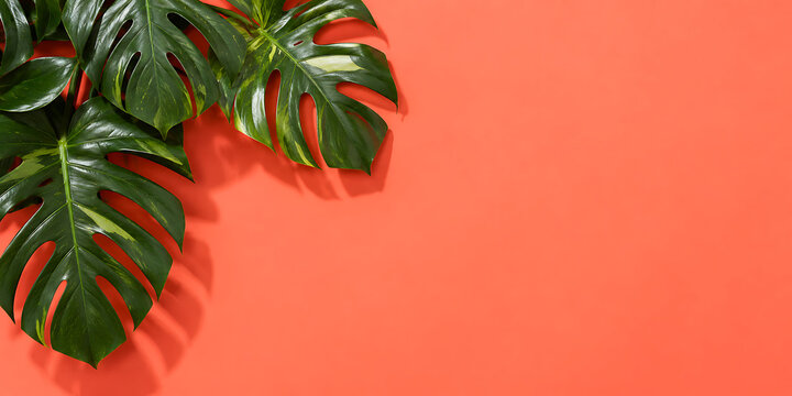 Dragon Tail Monstera or Epipremnum Pinnatum tropical leaves on coral color background minimal summer