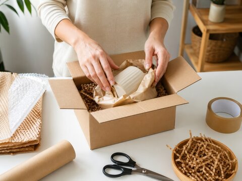 Packing a fragile product securely for careful shipping at home