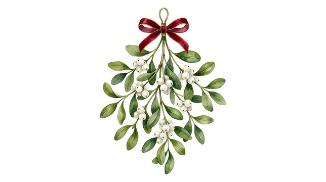 Elegant mistletoe sprig with white berries, luxury watercolor style, isolated on white background, commercial stock illustration