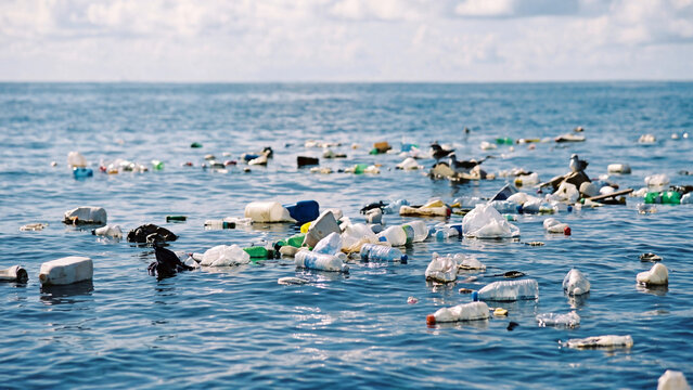 Plastic pollution floating in the ocean, environmental disaster with plastic bottles and trash in the sea