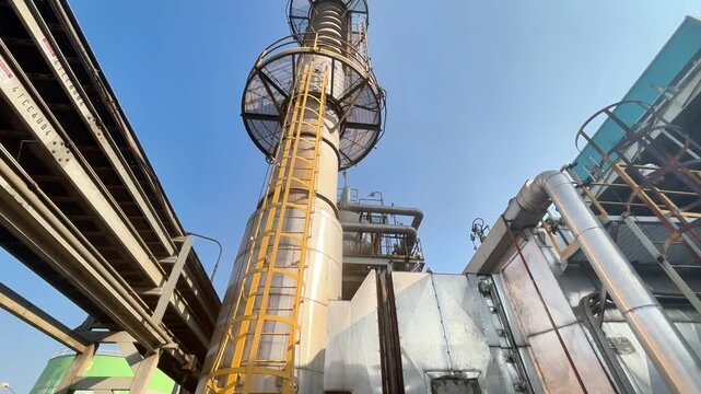 Industrial boiler chimney stands tall against clear blue sky