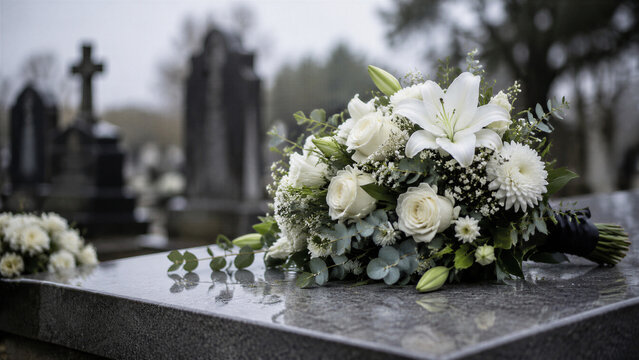 White funeral bouquet placed on wet marble grave headstone