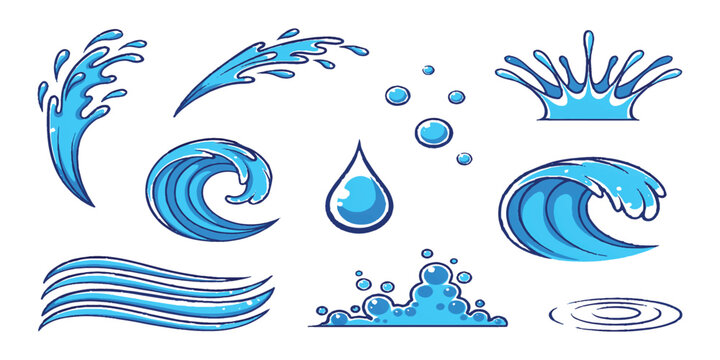 Set of blue water splashes waves and liquid drops cartoon vector illustration