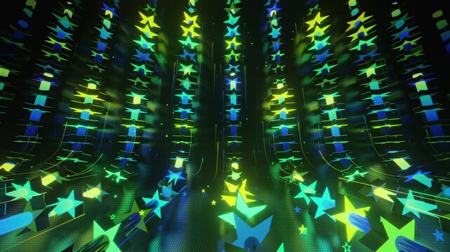 Seamless VJ loop with glowing neon stars abstract structure and psychedelic motion for high-tech club visuals, electronic music festivals, stage screens and for LED video walls
