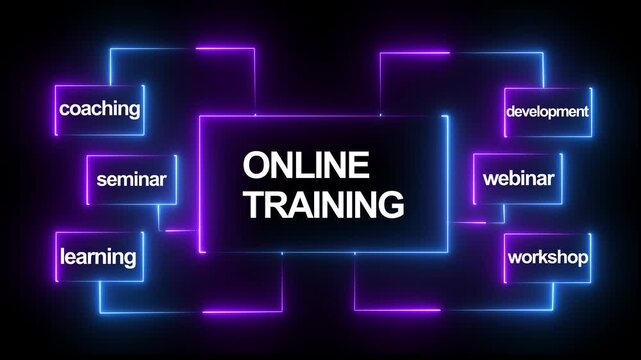 Online training concept with neon glowing infographic flowchart and digital education keywords