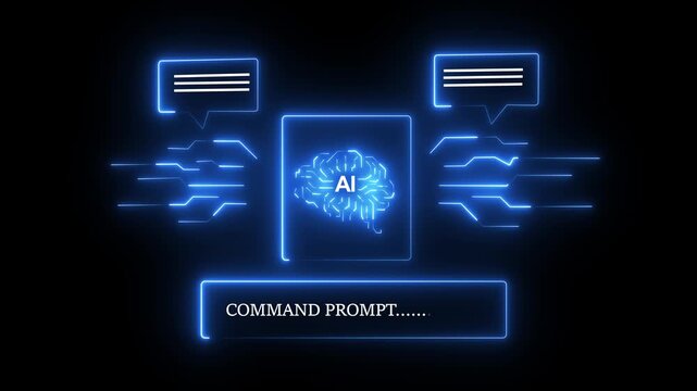 Artificial intelligence brain concept with glowing digital neural network and command prompt interface