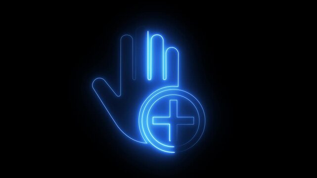 Neon blue medical hand with plus sign animation for healthcare and wellness digital interface