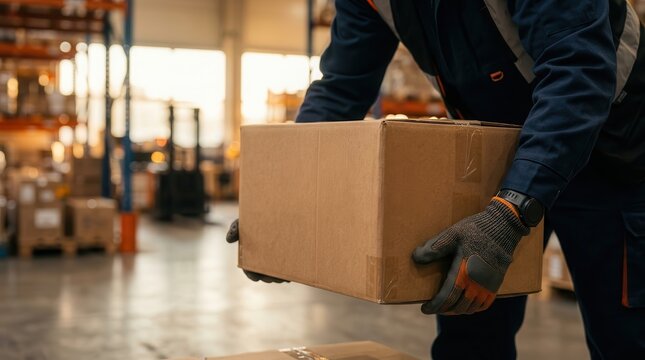 Close up of a warehouse worker wearing gloves while lifting a heavy box.