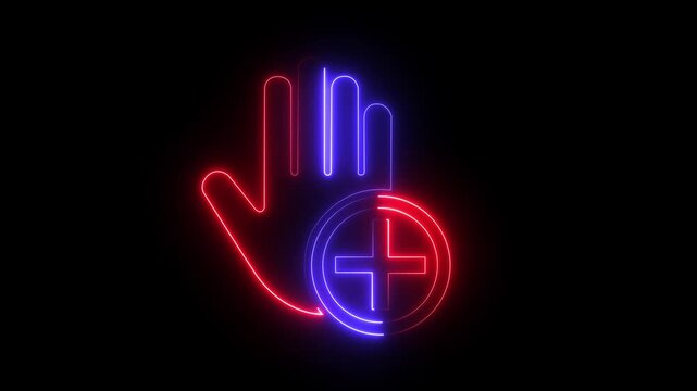 Neon medical hand with plus sign glowing animation on black background