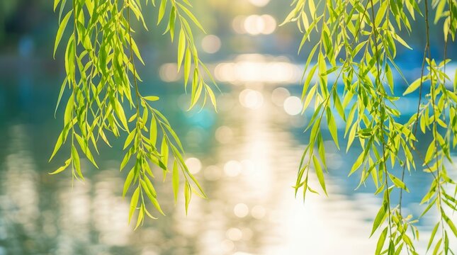 Calming weeping willow tree leaves with a soft bokeh background.